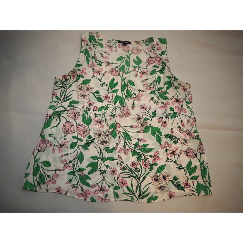 Roz & Ali Petite L Floral Sleeveless Blouse White Pink Green Career Tank Top